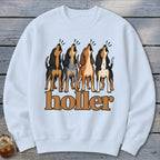 Light blue sweatshirt with cartoon hounds howling and "holler" text below.