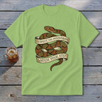 Light green t-shirt with coiled snake and banner text "Respect the Mountains Watch Your Step".