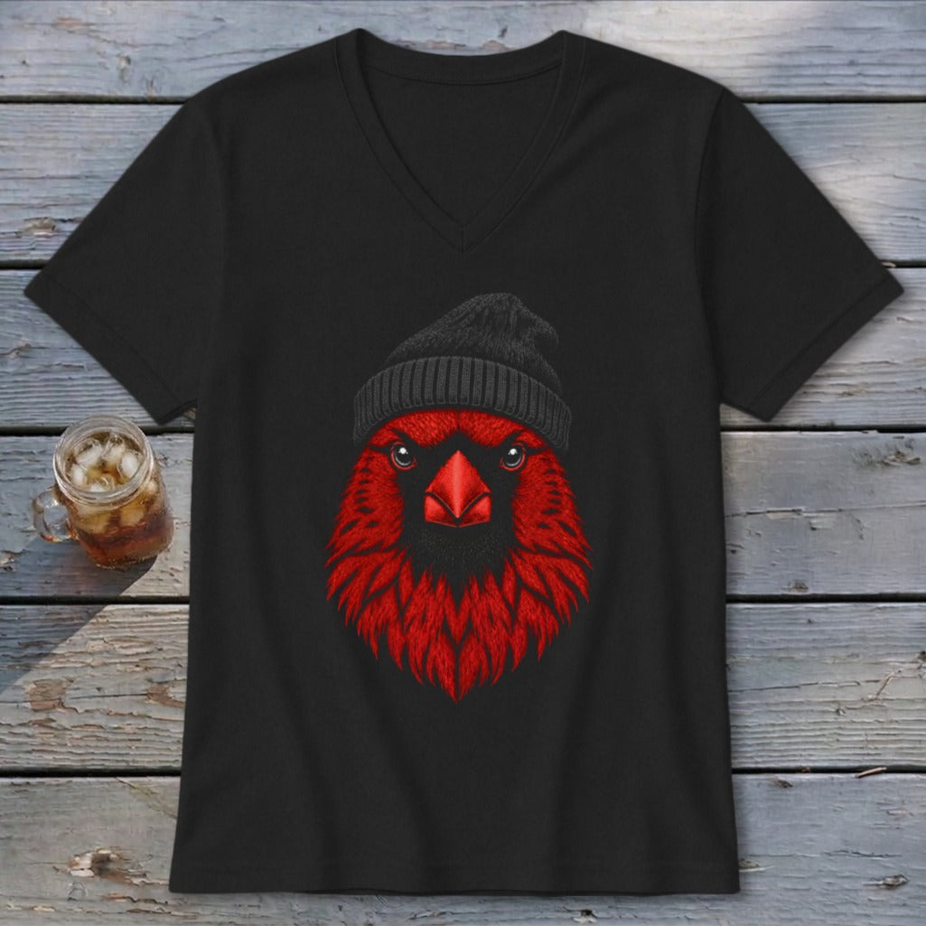 Black v-neck t-shirt with a detailed red cardinal head wearing a black beanie.