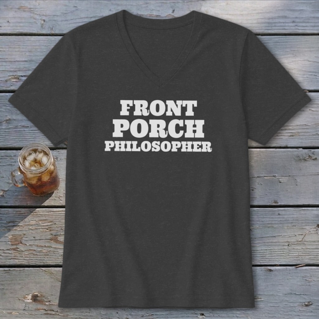 Dark grey v-neck t-shirt with white text "FRONT PORCH PHILOSOPHER".