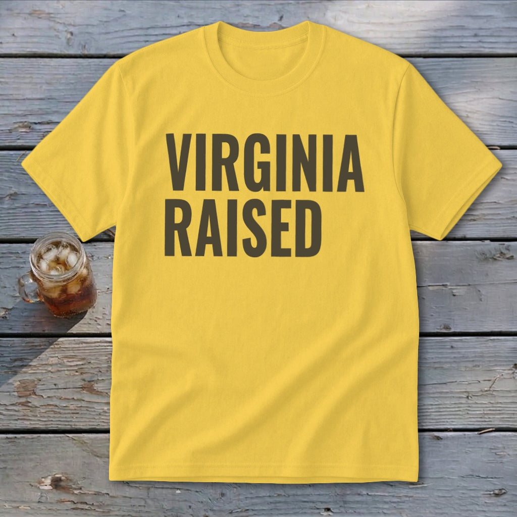 Yellow t-shirt with "VIRGINIA RAISED" in dark gray text.