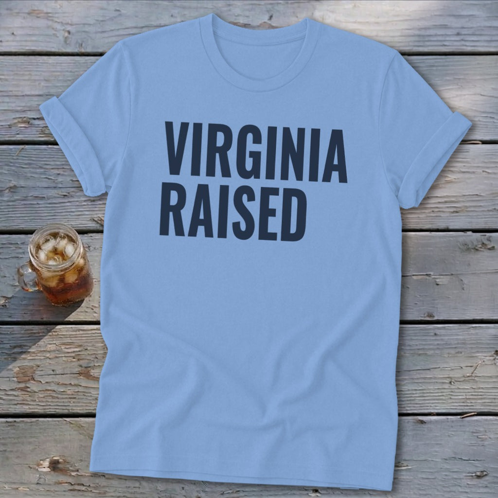 Light blue t-shirt with "VIRGINIA RAISED" in dark blue text.