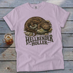 Lilac t-shirt with a hellbender graphic and text "HELLBENDER HOLLER".