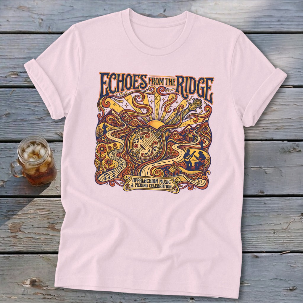 Pink t-shirt with "Echoes From The Ridge" and Appalachian music illustration.