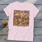 Pink t-shirt with "Echoes From The Ridge" and Appalachian music illustration.