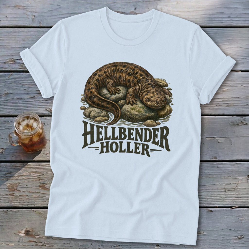 White t-shirt with a hellbender illustration and "Hellbender Holler" text.