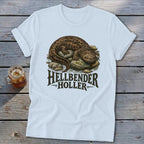 White t-shirt with a hellbender illustration and "Hellbender Holler" text.