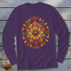 Purple long sleeve shirt with a circular autumn leaf and acorn design.
