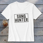 White v-neck t-shirt with "SANG HUNTER" text in a black rectangle.