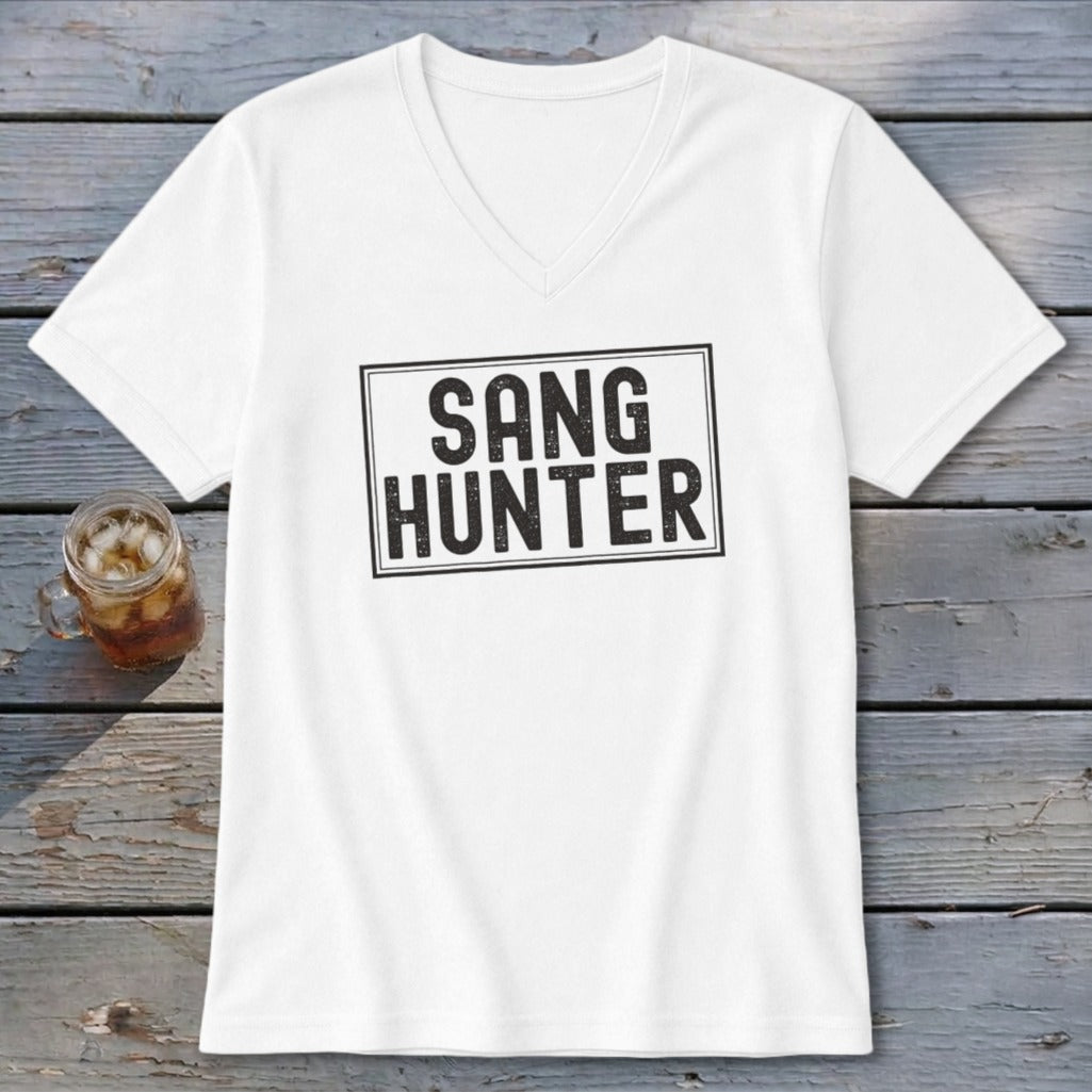 White v-neck t-shirt with "SANG HUNTER" text in a black rectangle.