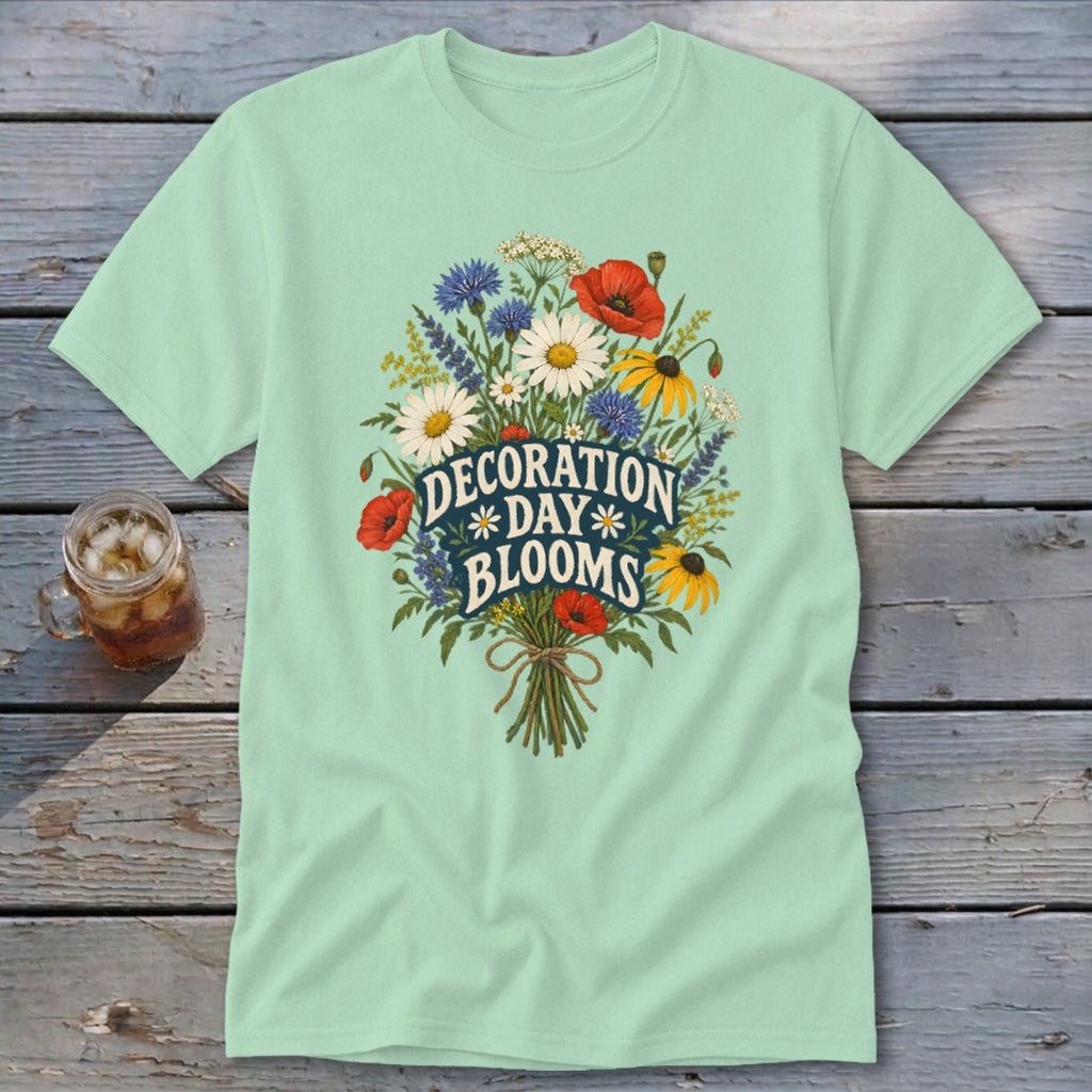 Light green t-shirt with a floral bouquet graphic and the text "Decoration Day Blooms".