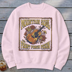 Pink sweatshirt with "Mountain Soul and Front Porch Pickin'" text and a guitar illustration.