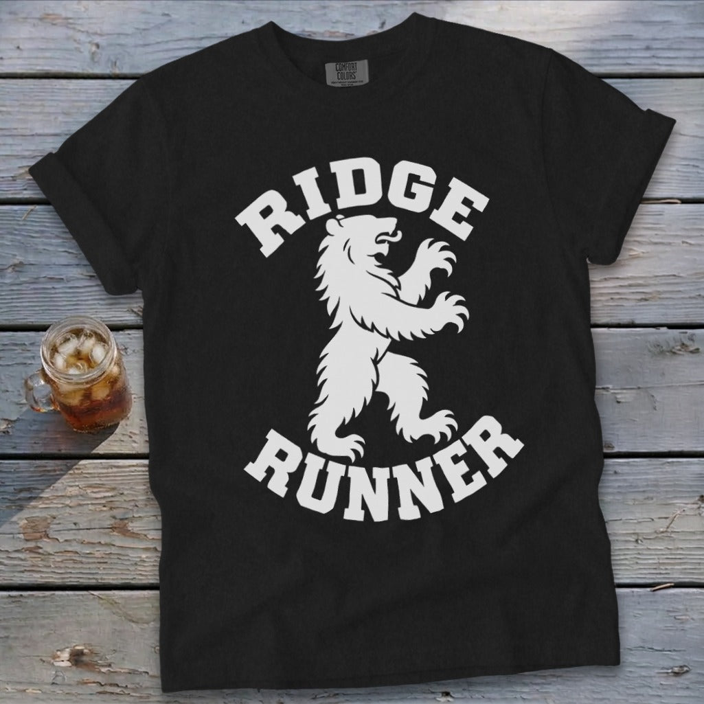 Black t-shirt with white "RIDGE RUNNER" text and a stylized bear graphic.