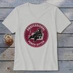 Light gray V-neck t-shirt featuring a circular red graphic of a bear relaxing on a porch swing, with the text PROFESSIONAL PORCH SITTER.
