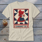 Cream t-shirt with Sunbonnet Sue applique design and text.