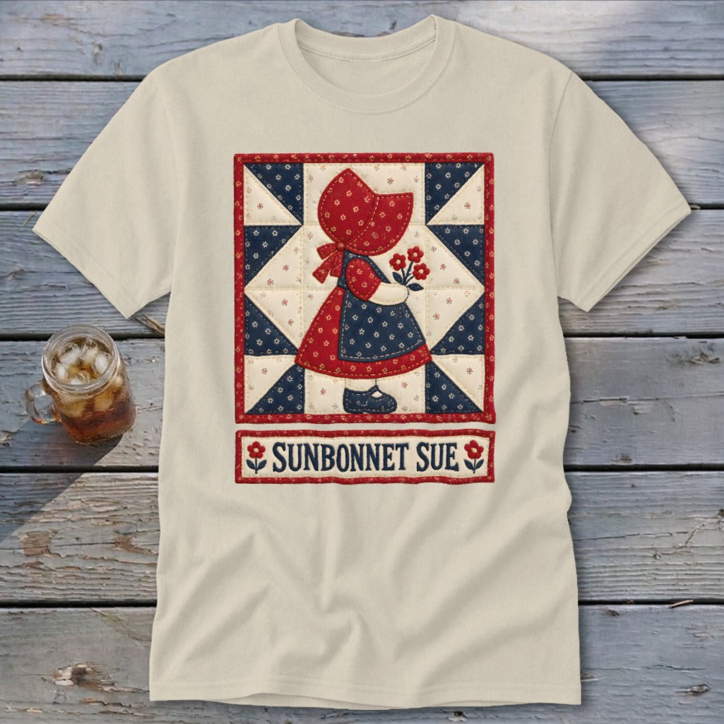 Cream t-shirt with Sunbonnet Sue applique design and text.