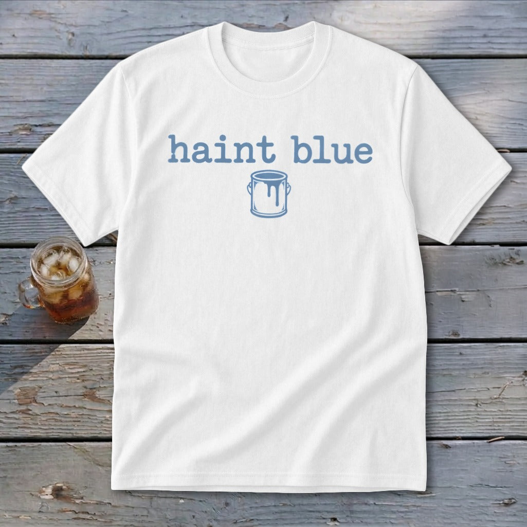 White t-shirt with blue text "haint blue" and a paint can icon.