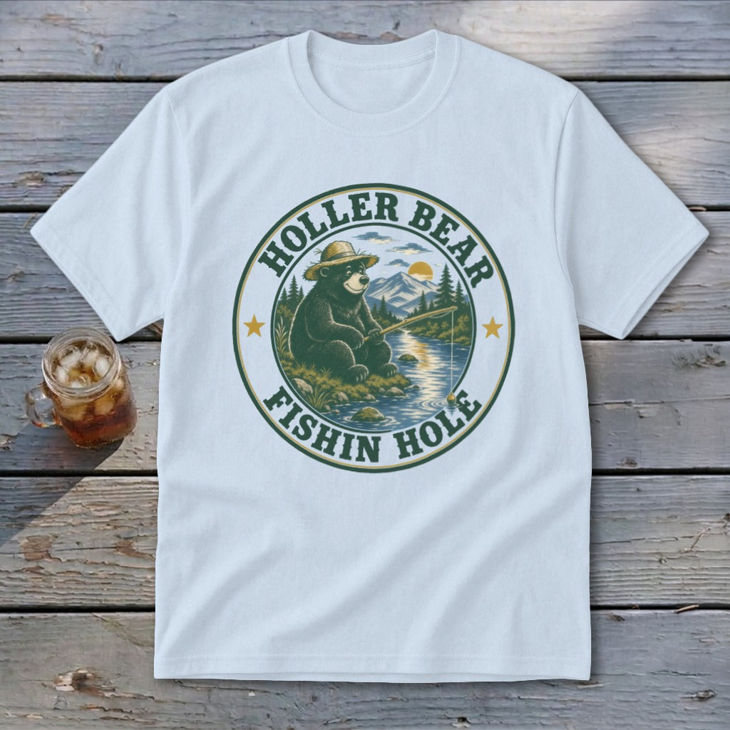 White t-shirt with "Holler Bear Fishin Hole" graphic of a bear fishing by a stream.