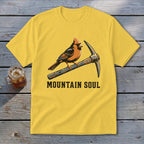 Yellow t-shirt with cardinal on pickaxe and text "MOUNTAIN SOUL".