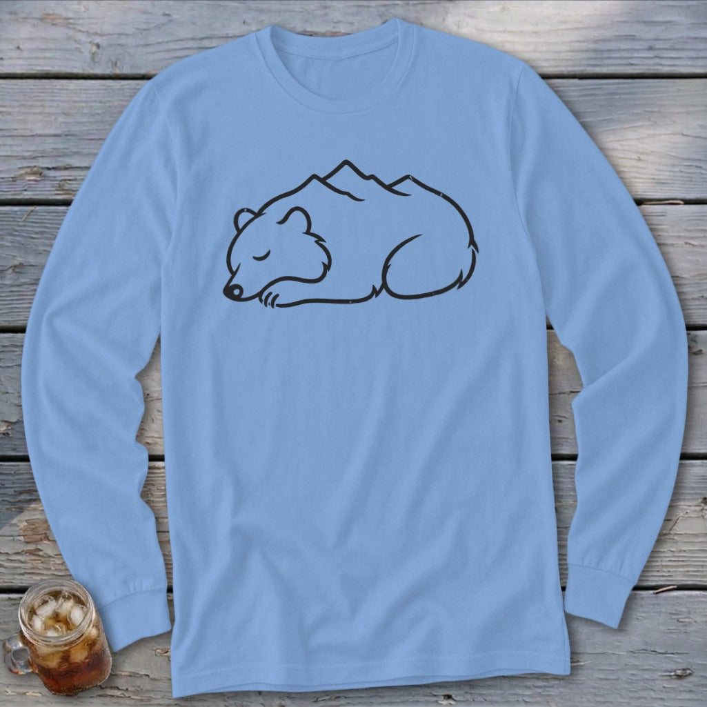 Light blue long sleeve t-shirt with a sleeping bear and mountain graphic.