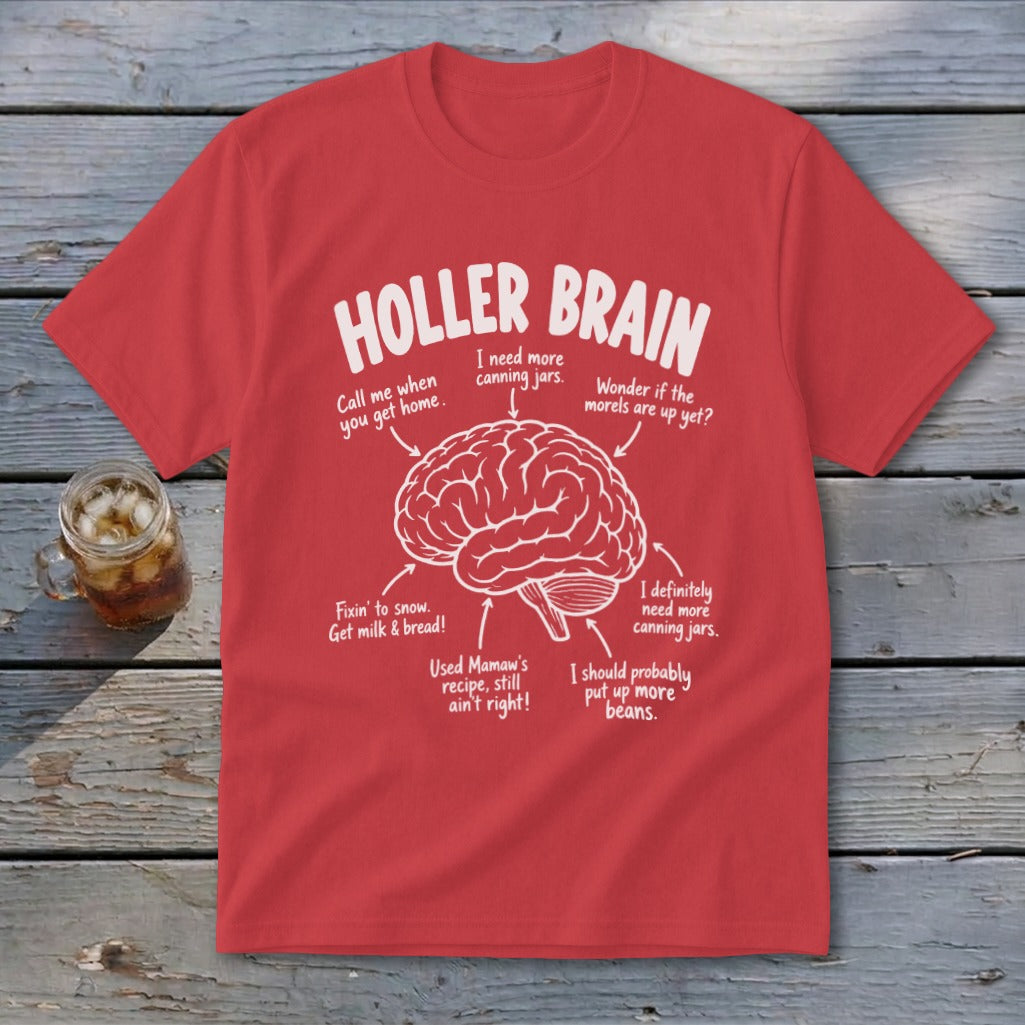 Red t-shirt with "HOLLER BRAIN" and brain diagram with canning-themed captions.