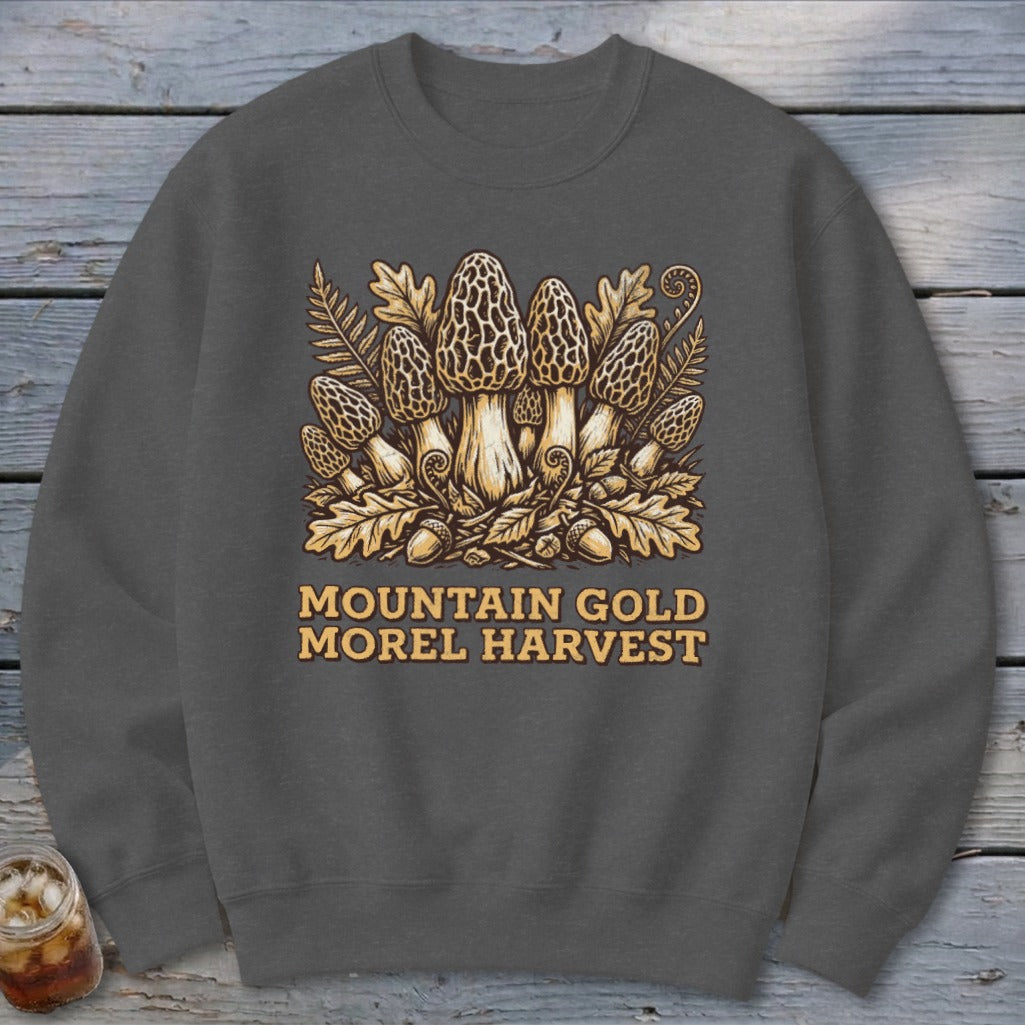 Crewneck sweatshirt with vintage-style morel mushroom and oak leaf graphic.