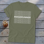 Olive green t-shirt with repeated white text reading "RIDGERUNNER".