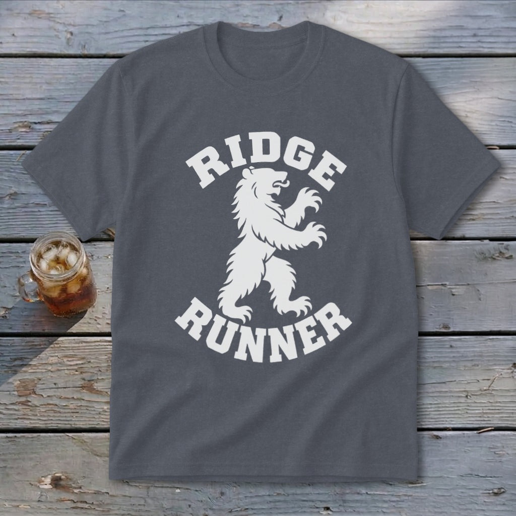 Gray t-shirt with white bear graphic and text "RIDGE RUNNER".