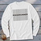 White long-sleeve shirt with "RIDGERUNNER" text repeated seven times.