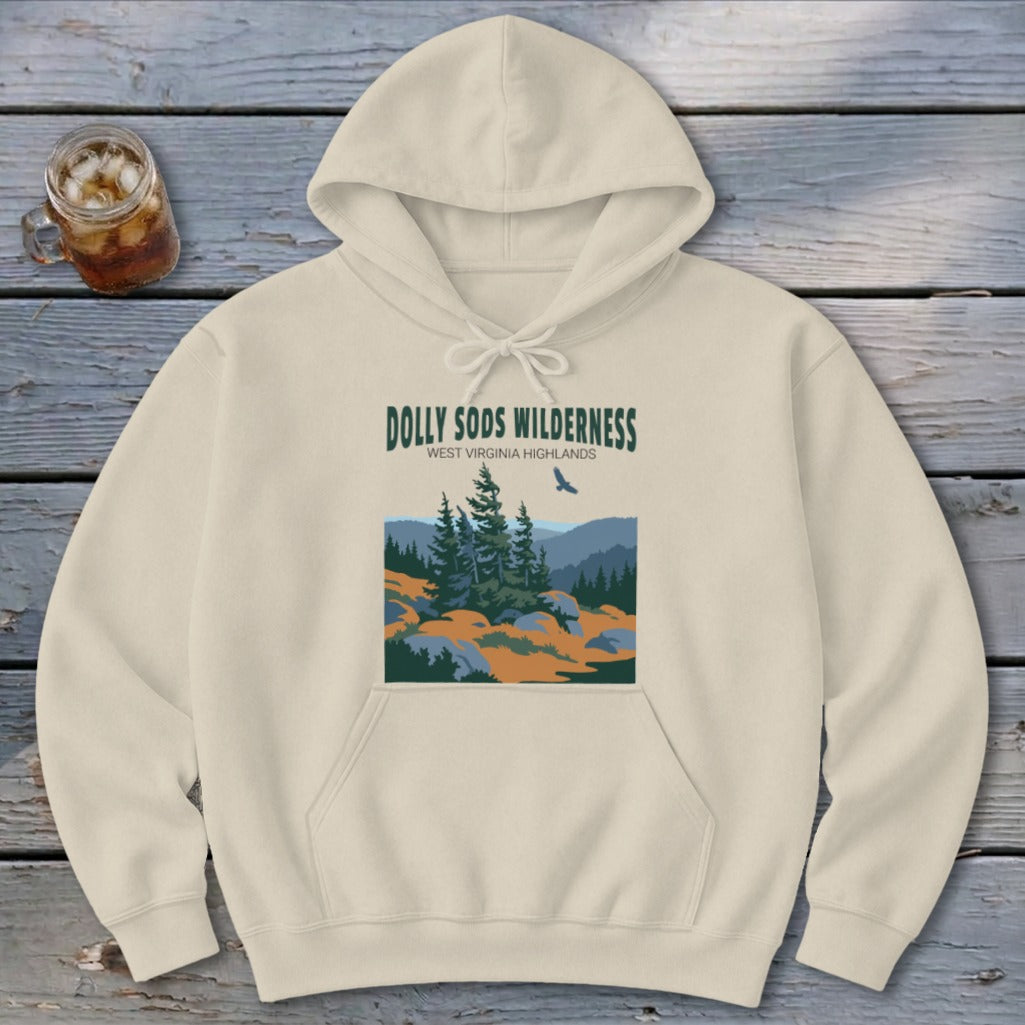 Cream-colored hooded sweatshirt featuring a front graphic with forest scenery and the text Dolly Sods Wilderness.