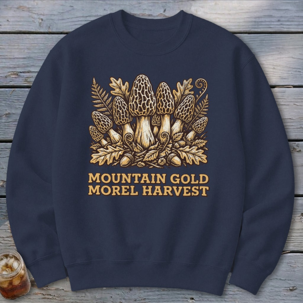Dark blue sweatshirt with "MOUNTAIN GOLD MOREL HARVEST" and a mushroom illustration.
