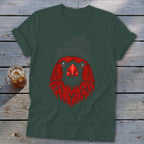 Dark green t-shirt with a red cardinal wearing a gray beanie graphic.