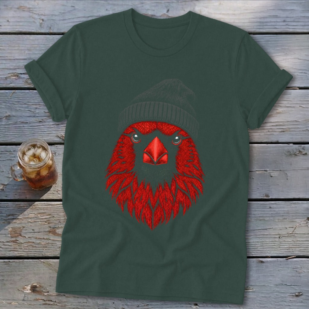 Dark green t-shirt with a red cardinal wearing a gray beanie graphic.