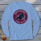 Light blue long-sleeve t-shirt with a maroon circular graphic of a bear in a porch swing, reading Professional Porch Sitter.