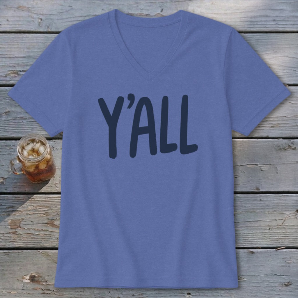 Periwinkle v-neck t-shirt with "Y'ALL" in dark blue lettering.
