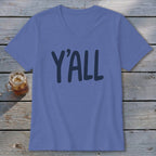 Periwinkle v-neck t-shirt with "Y'ALL" in dark blue lettering.