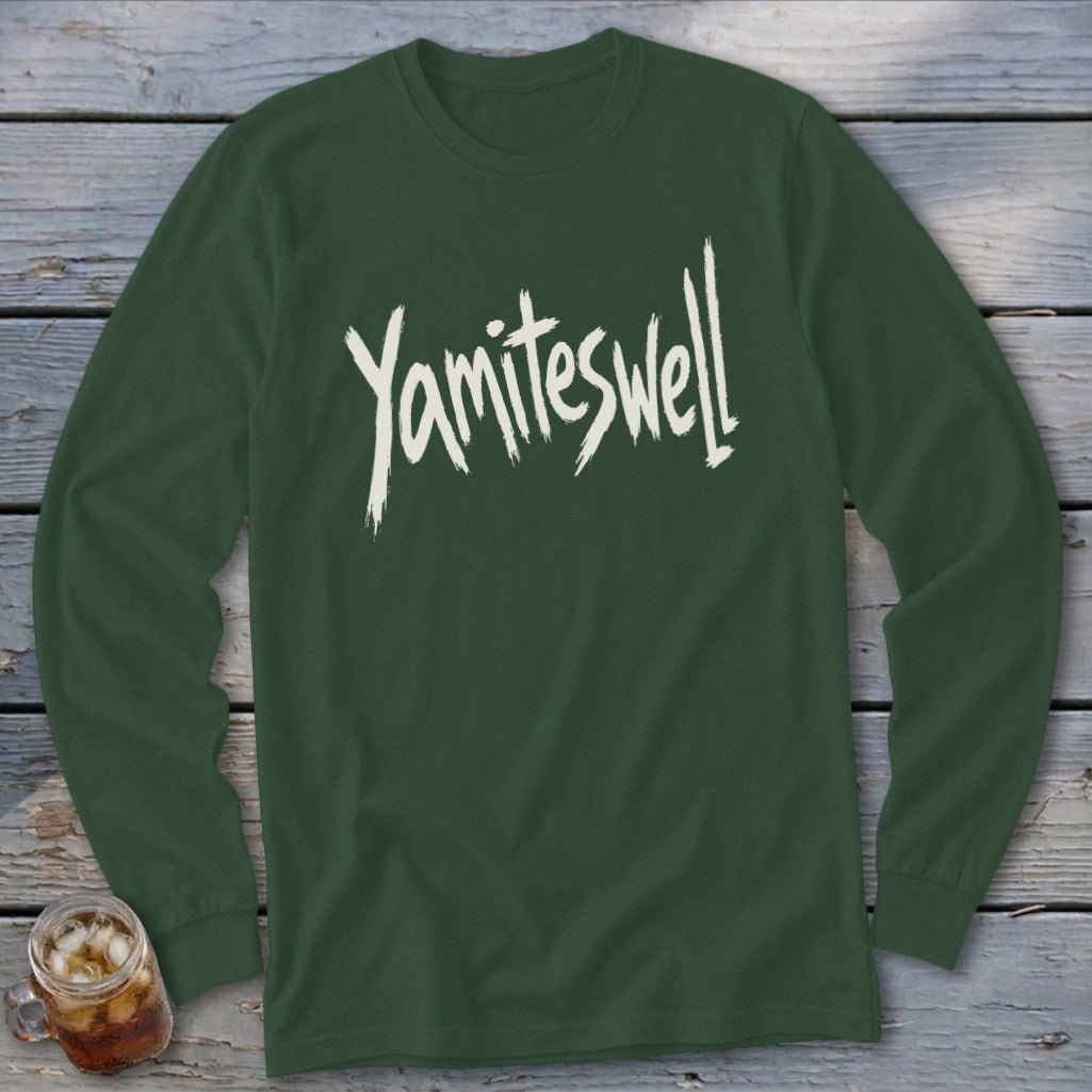Dark green long-sleeve shirt with white "Yamiteswell" text in a brushstroke font.