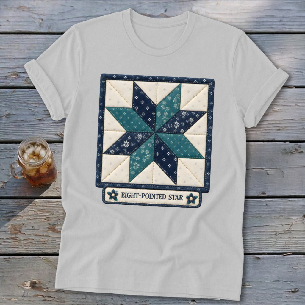 White t-shirt with a quilted eight-pointed star design and "EIGHT-POINTED STAR" text.