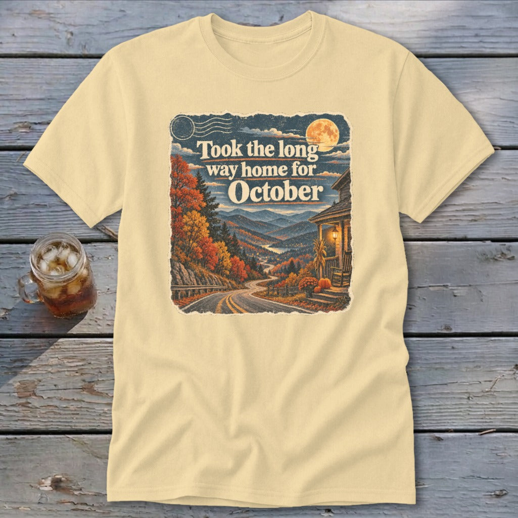 Light yellow t-shirt with graphic "Took the long way home for October".