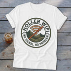 White t-shirt with "Holler Wifi No Signal, No Problem" logo featuring mountains.