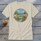 T-shirt with vintage Mississippi landscape graphic and deer.