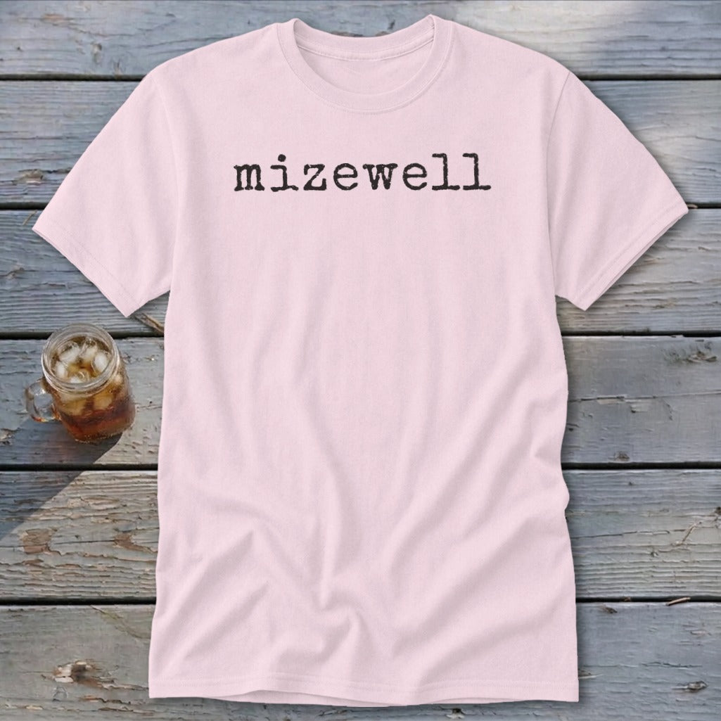 Light pink t-shirt with "mizewell" printed in black text.