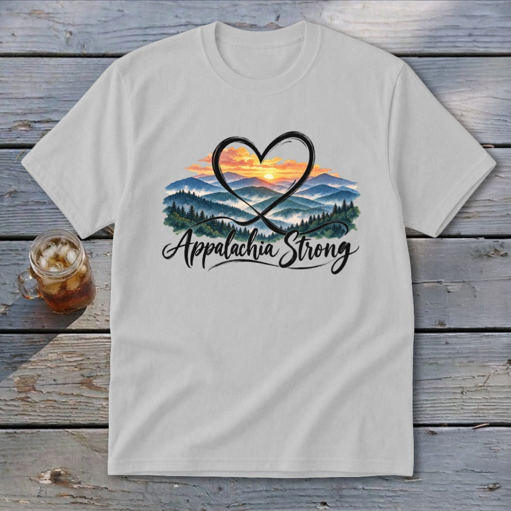 White t-shirt with "Appalachia Strong" text and a heart over a mountain sunset.