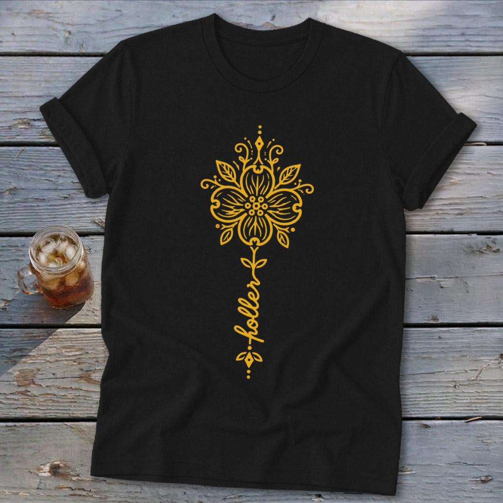 Black t-shirt with yellow floral design and "holler" text.