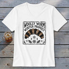 A white V-neck t-shirt featuring a black graphic of a woolly worm and text reading Woolly Worm Winter Prophet.