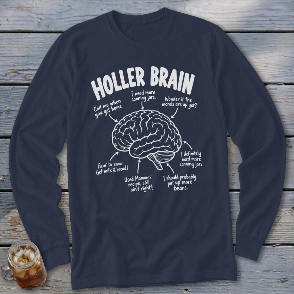 "Holler Brain" text with brain diagram and canning-related phrases.