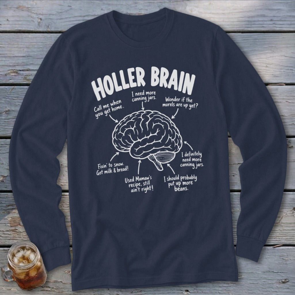"Holler Brain" text with brain diagram and canning-related phrases.