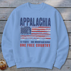 Light blue crewneck sweatshirt featuring a distressed American flag graphic with the text Appalachia, 13 States, One Mountain Range, One Free Country.