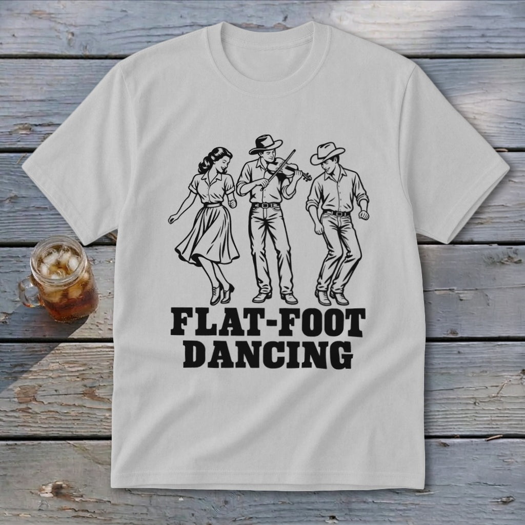 White t-shirt with "FLAT-FOOT DANCING" text and a fiddle player with two dancers.