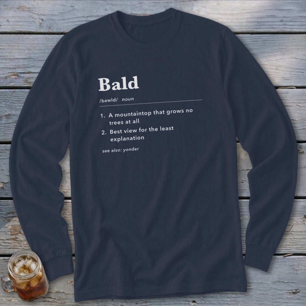 Navy long sleeve shirt with "Bald" definition printed in white text.